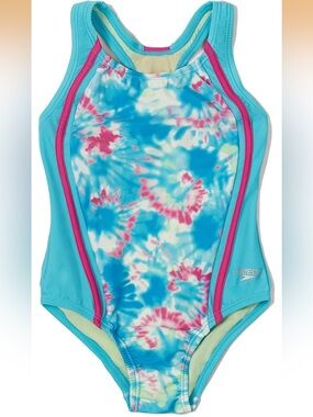 Speedo Girls Tie-Dye Blue One-Piece Swimsuit with Pink Trim Sport Splice UPF50+